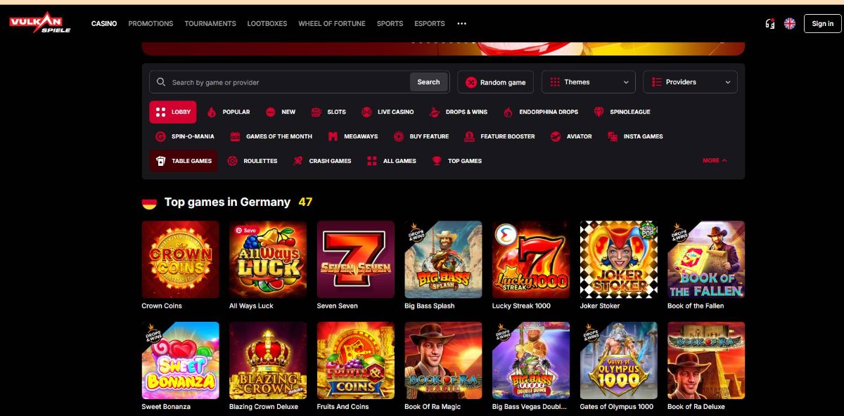 Slots lobby at Vulkan Spiele in Germany